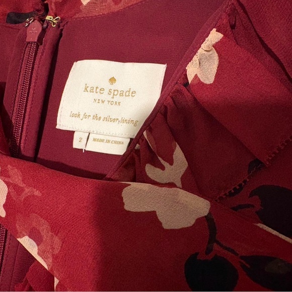 Kate Spade Red Floral Tiered silk Dress Bow Neck Romantic Size 2 - Picture 2 of 8